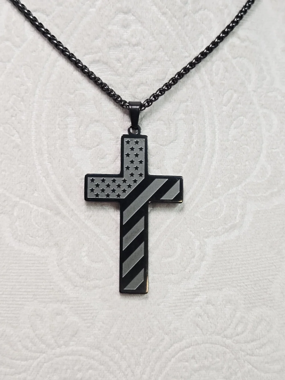 American Flag Cross Necklace Black Stainless Steel Patriotic Courageous Pendant